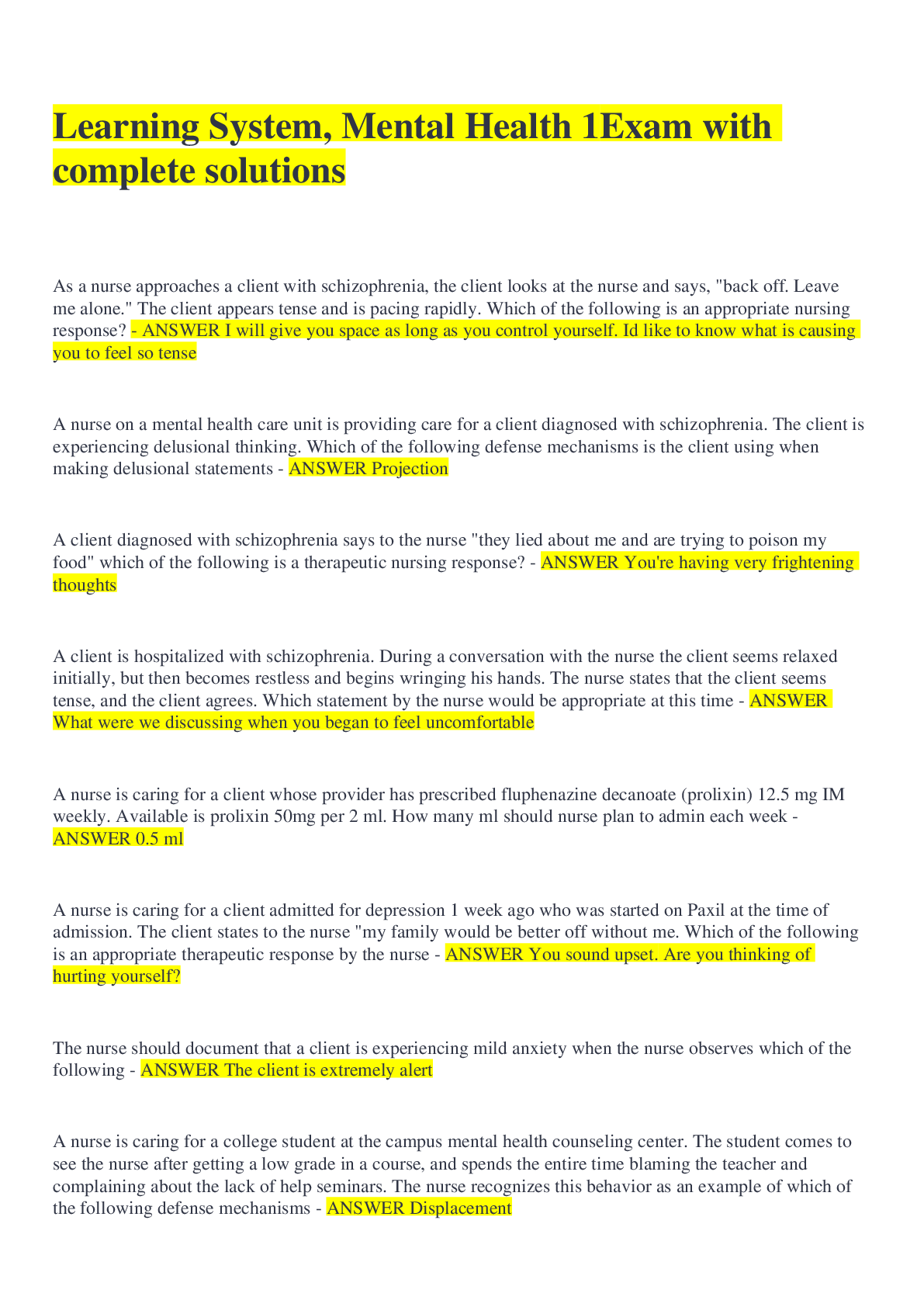 Preview image of Learning System, Mental Health 1Exam with complete solutions document